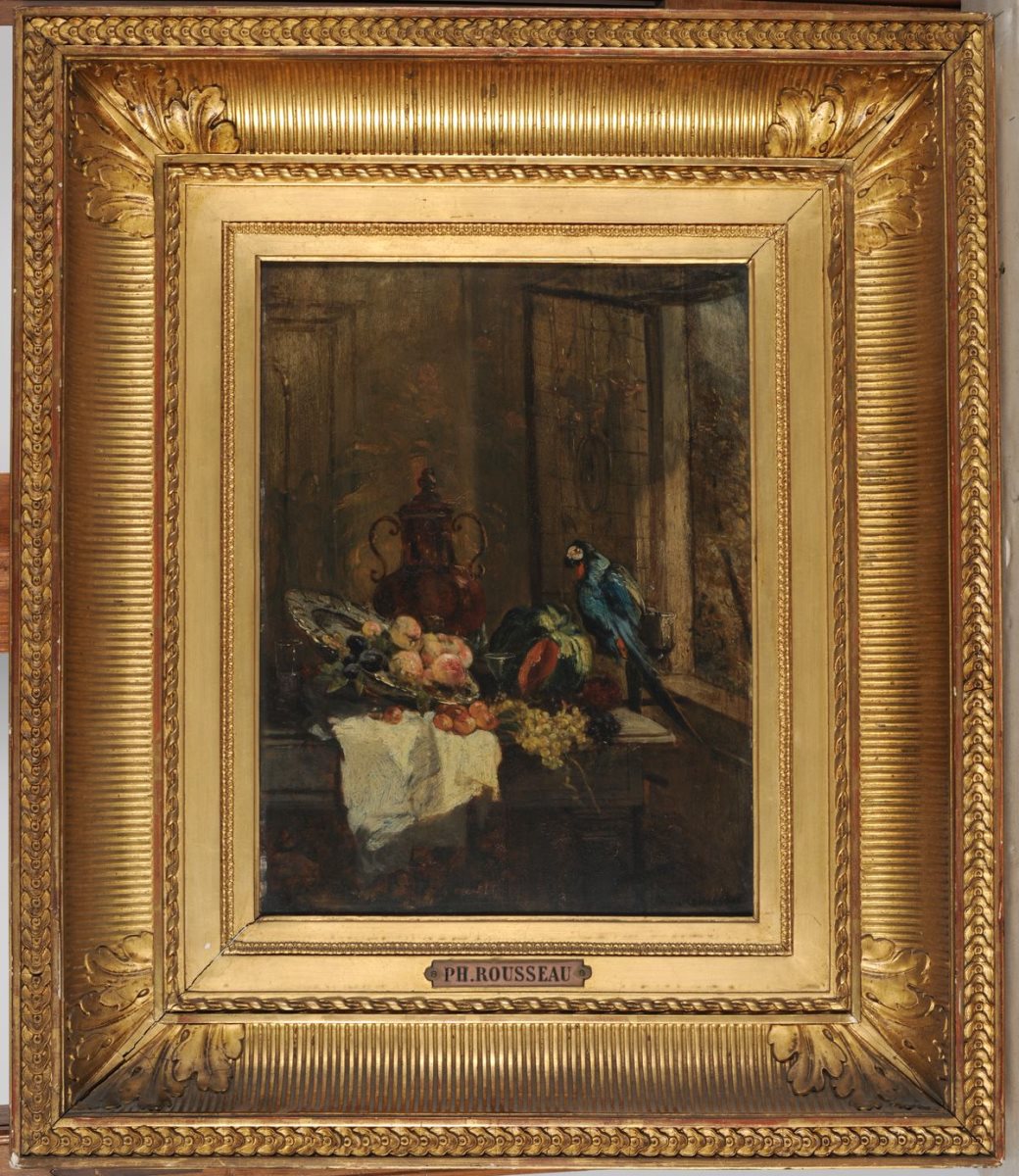 Nature morte et perroquet près d'une fenêtre ouverte ; La Desserte