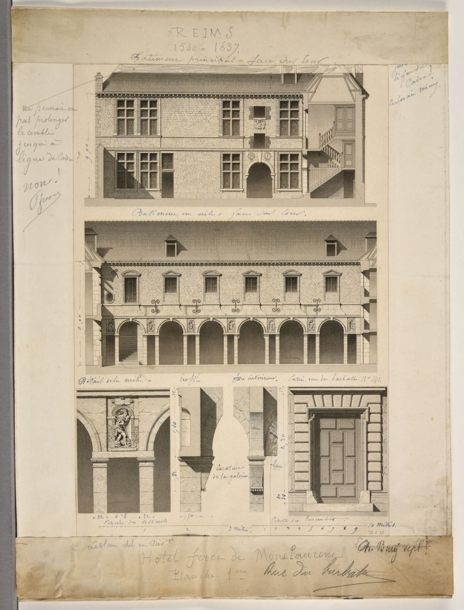Hôtel Feret de Montlaurent : bâtiments sur cour ; Hôtel Feret de Montlaurent. Planche Iere. Rue du Barbâtre