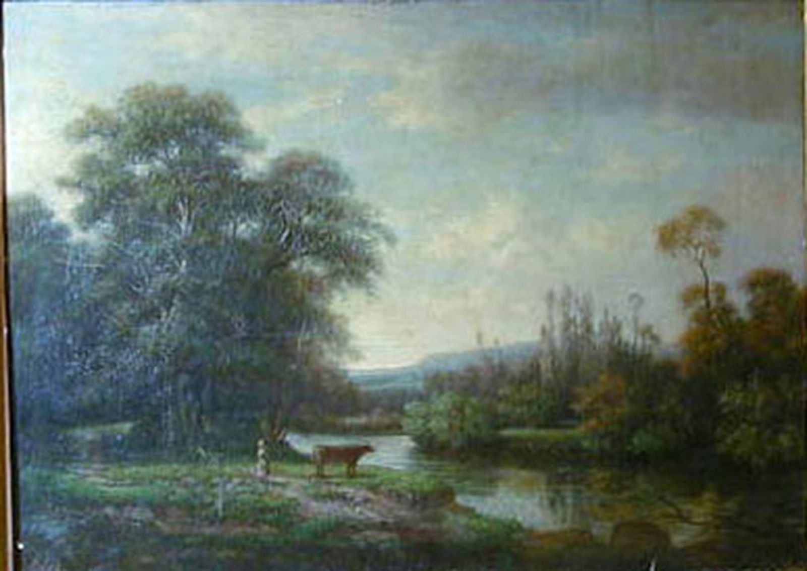 La Vesle à Muizon ; Paysage avec rivière, bergère et vache