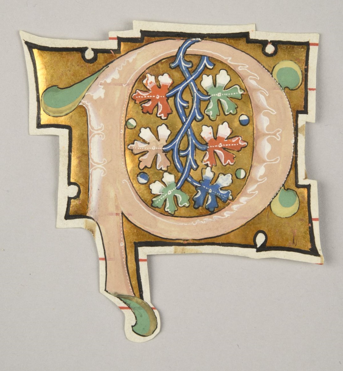 Lettre P ; Série A ; Lettre fleuronnée sur or (titre publié) ; Lettre ornée (titre inscrit à l'inventaire) ; Antiphonaire