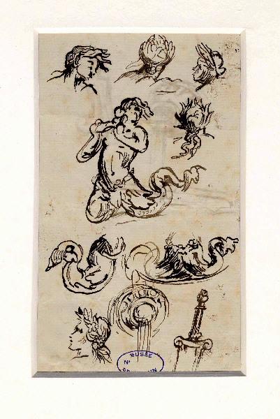 Esquisse pour le Triton, fontaine Rothschild ; Eléments d'ornementation (au verso)