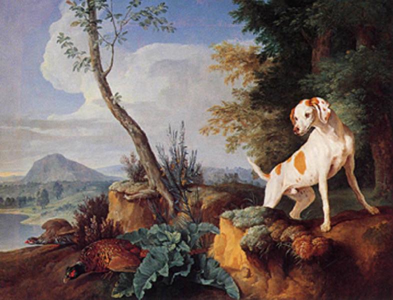 chien à l'arrêt devant un perdreau rouge et un faisan