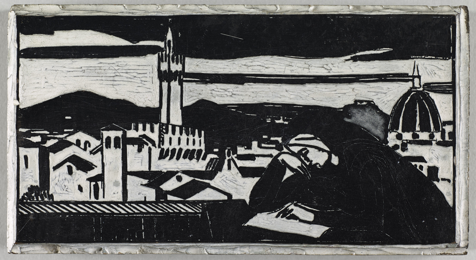 Dante devant un paysage de Florence (bois d’impression pour l’illustration de «Vita Nova» de Dante) ; Dante devant un paysage de Florence (bois pour "Vita Nova") (titre du registre d'inventaire)