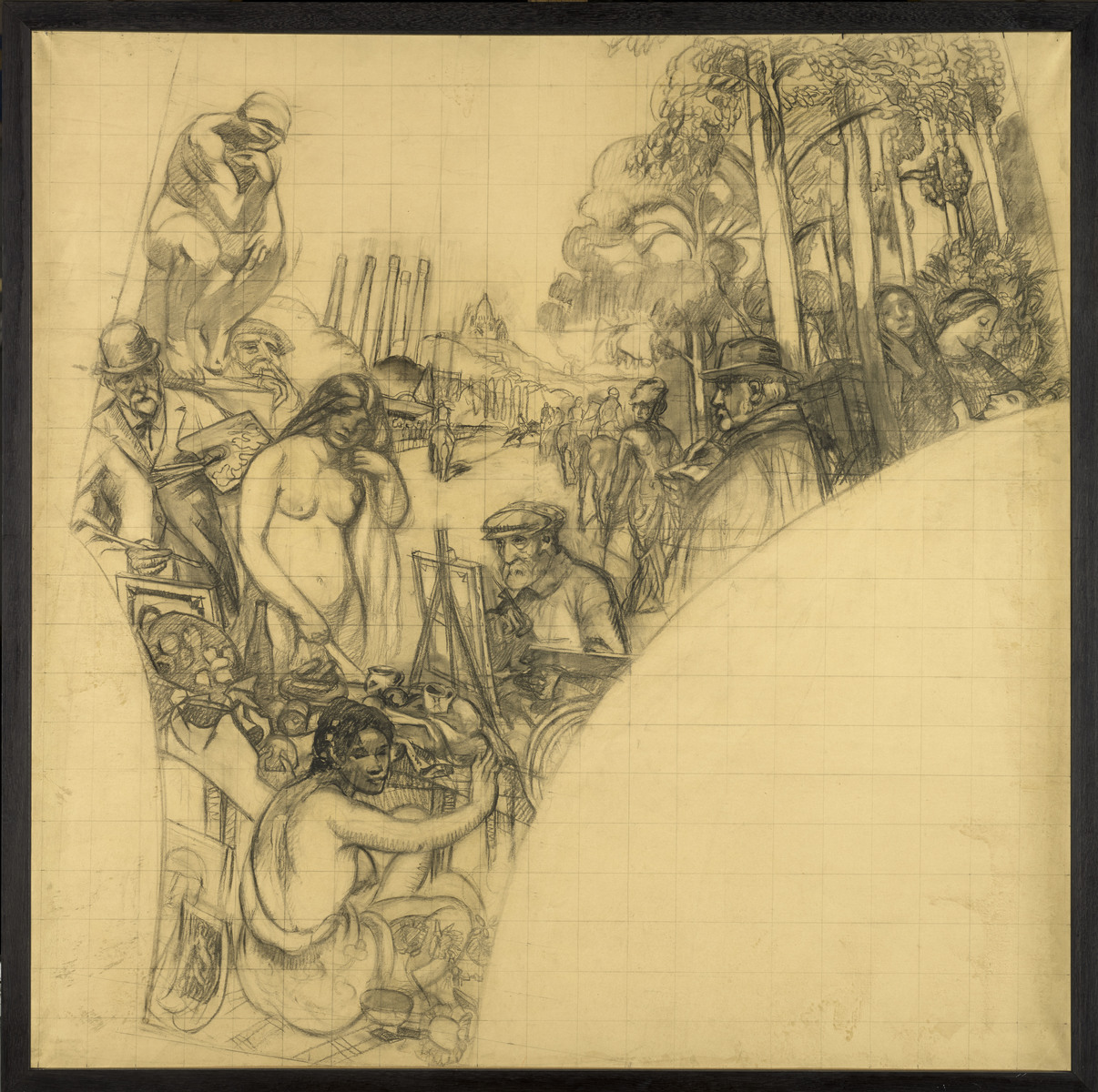 L'Art contemporain (1), dessin à échelle d'exécution (pour "L'Histoire de l'art français", décor du Petit Palais, Paris) ; L'Art contemporain. Etude pour le Petit Palais. Mise au carreau (titre du registre d'inventaire)