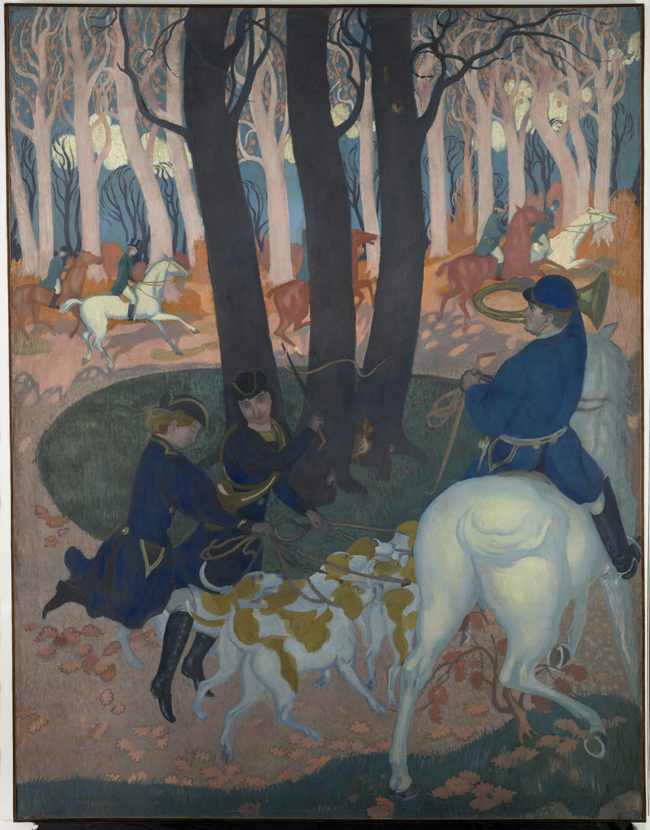 Le Lâcher des chiens ; Le lâcher des chiens, 2e panneau de l'ensemble décoratif La Légende de saint Hubert pour l'hôtel particulier de Denys Cochin (titre du registre d'inventaire)