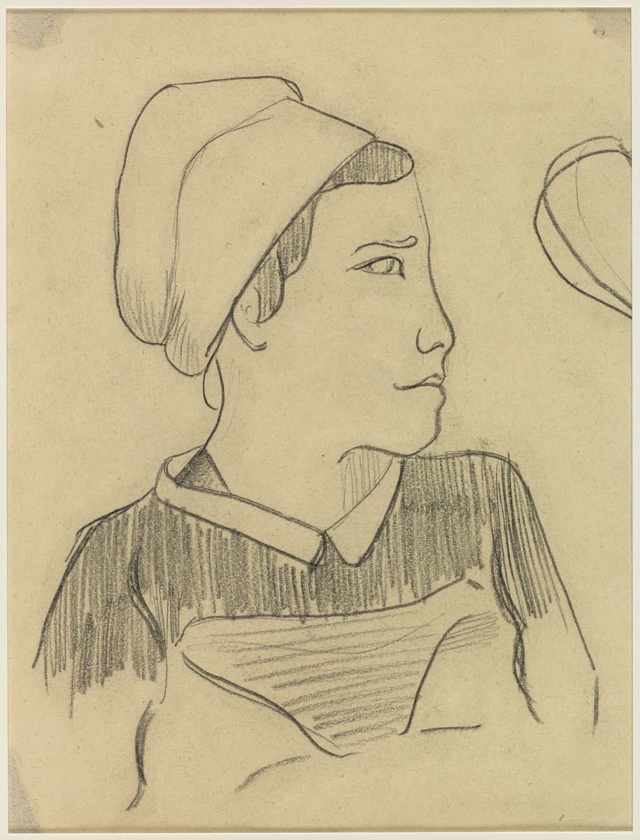 Femme à la coiffe, profil droit (recto) ; Deux profils (verso) ; a) Bretonne de profil. Etude.#b) Tête de femme avec une coiffe. Etude.#c) Tête de femme, de profil. Croquis.#d) Tête de femme, de face. Croquis. (titre du registre d'inventaire)