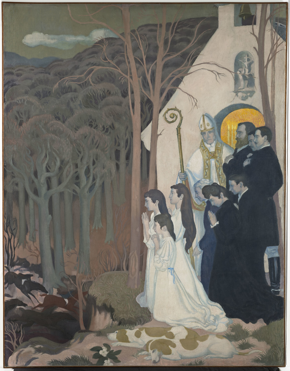 L'Arrivée à l'Ermitage ; L'Arrivée à l'ermitage, 7e panneau de l'ensemble décoratif La Légende de saint Hubert pour l'hôtel particulier de Denys Cochin (titre du registre d'inventaire)
