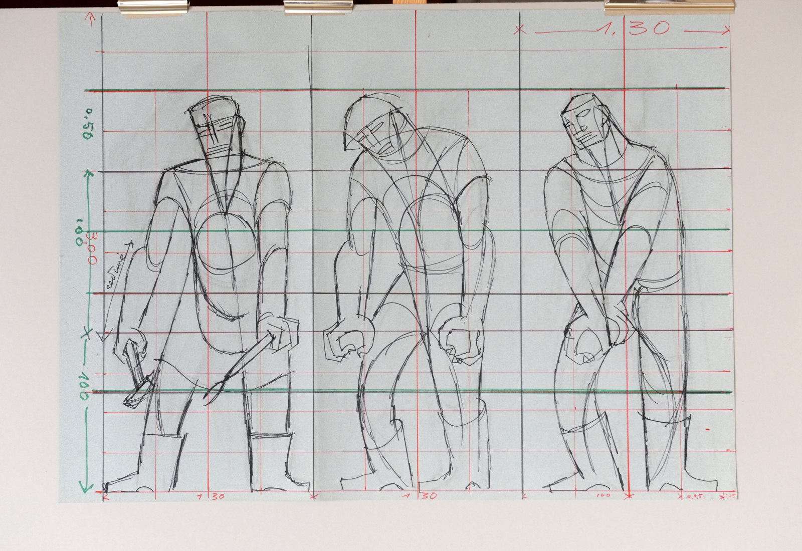 [Trois ouvriers sur fond quadrillé ]