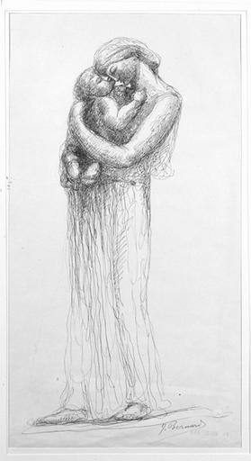 Femme debout, drapée, un enfant dans les bras