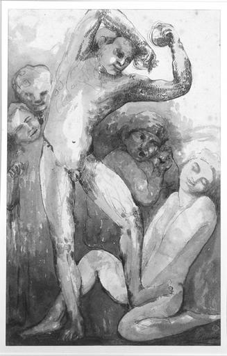 Composition avec au premier plan un danseur nu, aux castagnettes