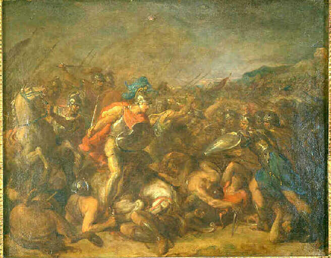 Un soldat amène un cheval à Cyrus dont la monture vient d'être tuée sous lui (17ème épisode)