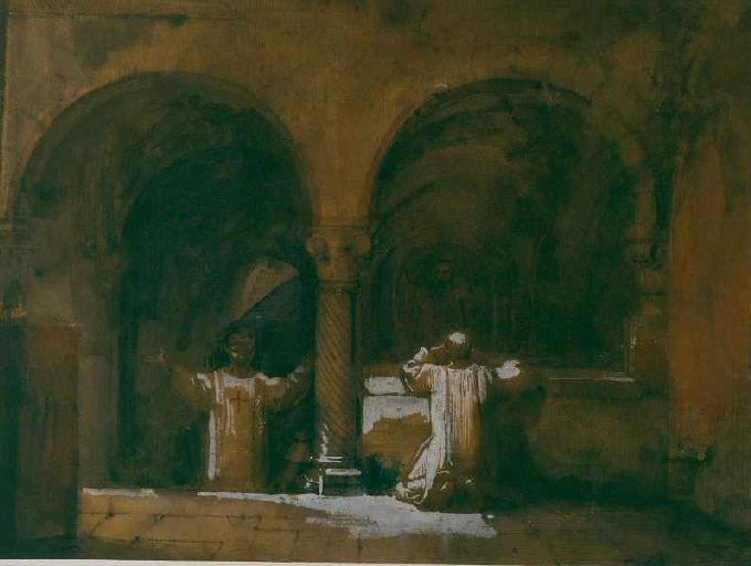 Deux moines dans une chapelle des premiers chrétiens à Rome