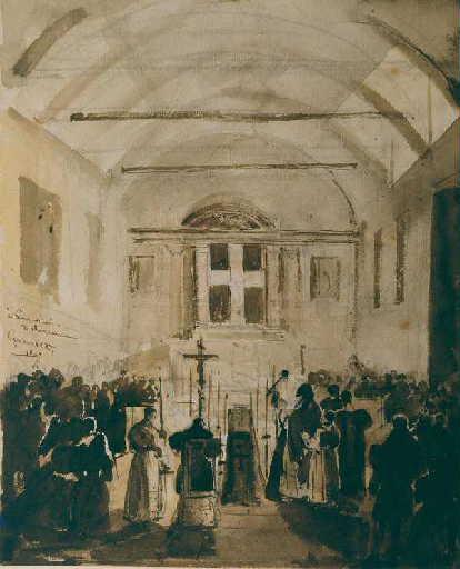 Intérieur d'église avec célébration de la messe