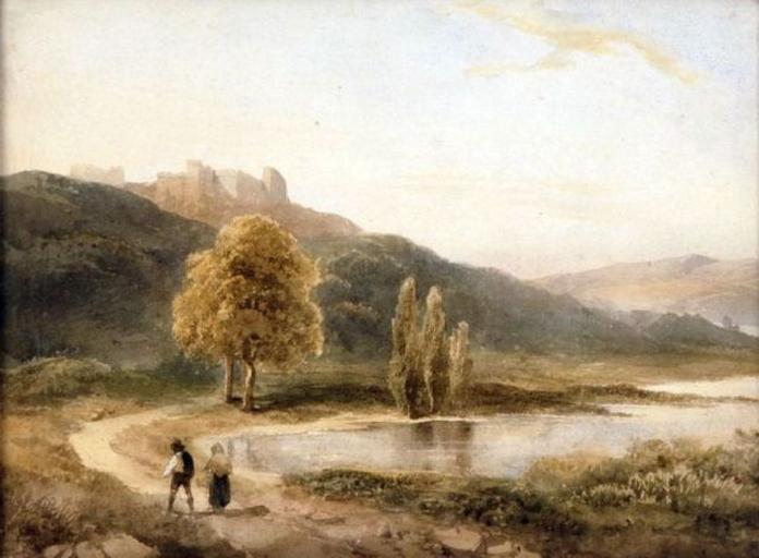 Soleil couchant ; Vue d'Italie : au bord d'un lac, château à l'horizon (titre ancien)