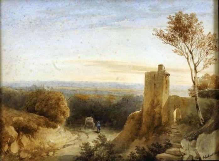 Vue en Dauphiné ; Vue de Dauphiné : ruines au bord d'une route. Effet de soleil couchant (titre ancien)