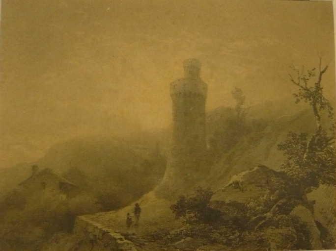 Soleil couchant ; Effet de soleil couchant. Vieille tour, au bord d'une route de montagne (titre ancien)