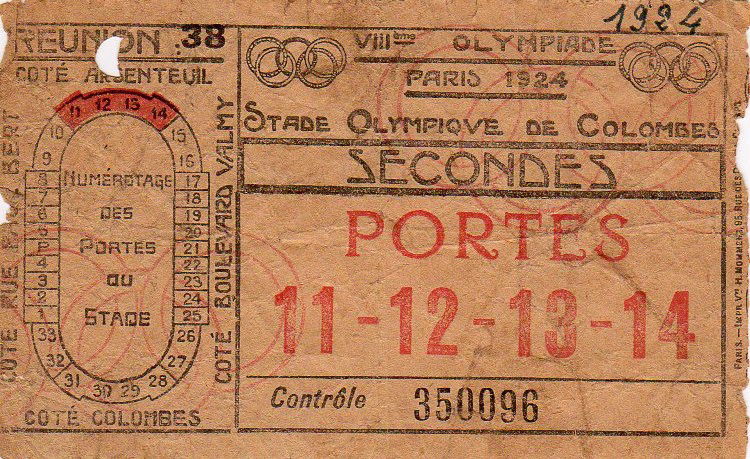 Billet d'entrée à l'épreuve 38 des JO de 1924