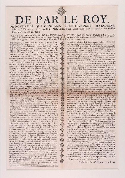 DE PAR LE ROY, ORDONNANCE QUI CONDAMNE JEAN HARDENE (titre inscrit)