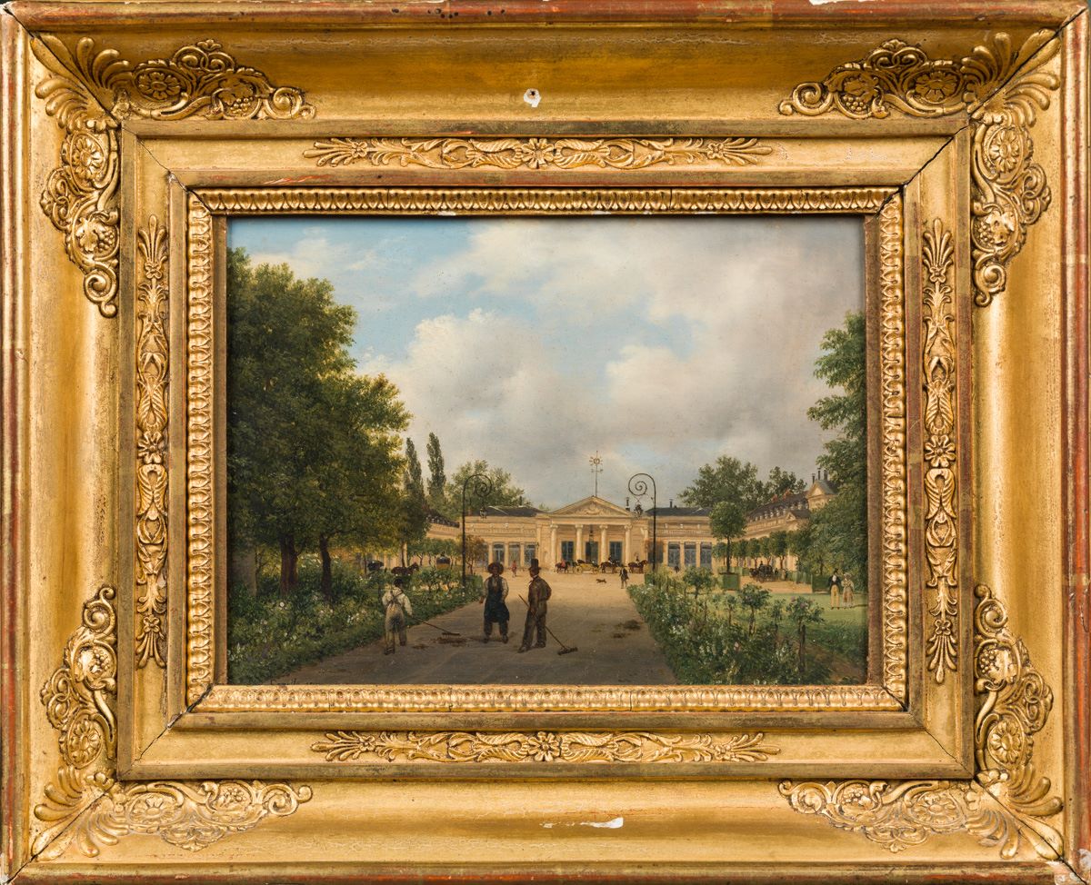 Vue du château de Neuilly avec trois jardiniers au premier plan