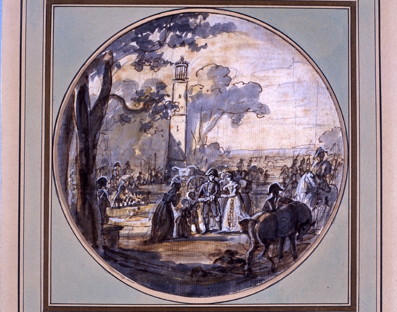 L'Empereur Napoléon et l'Impératrice Marie-Louise recevant la requête de la veuve d'un officier dans le parc de St Cloud au pied de la lanterne de Démosthènes