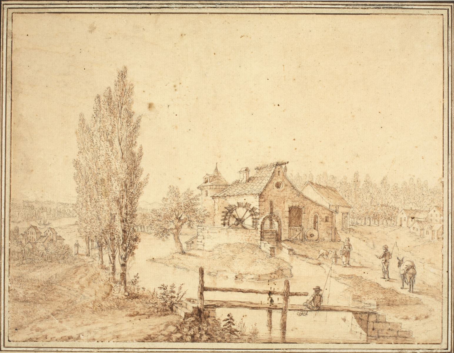 Le Moulin Joli à Colombes (Inventaire) ; Vue d'un moulin à aubes avec des personnages (Titre forgé)