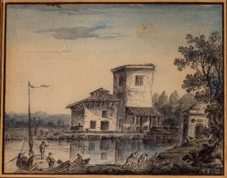 Vue du jardin anglais d'Ermenonville avec un moulin à l'Italienne