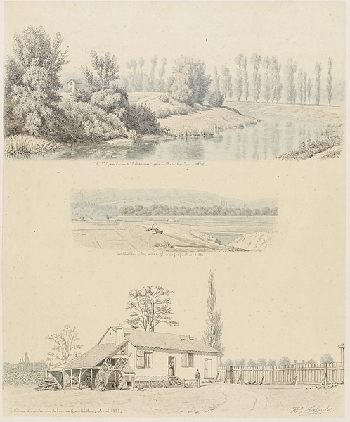 Ile St-Germain ou de Billancourt, près du Bas-Meudon - 1846 ; Les Glaisières d'Issy prises du Glacis des fortifications - 1863 ; Intérieur d'un chantier de bois au Gros-Cailloux - Avril 1833