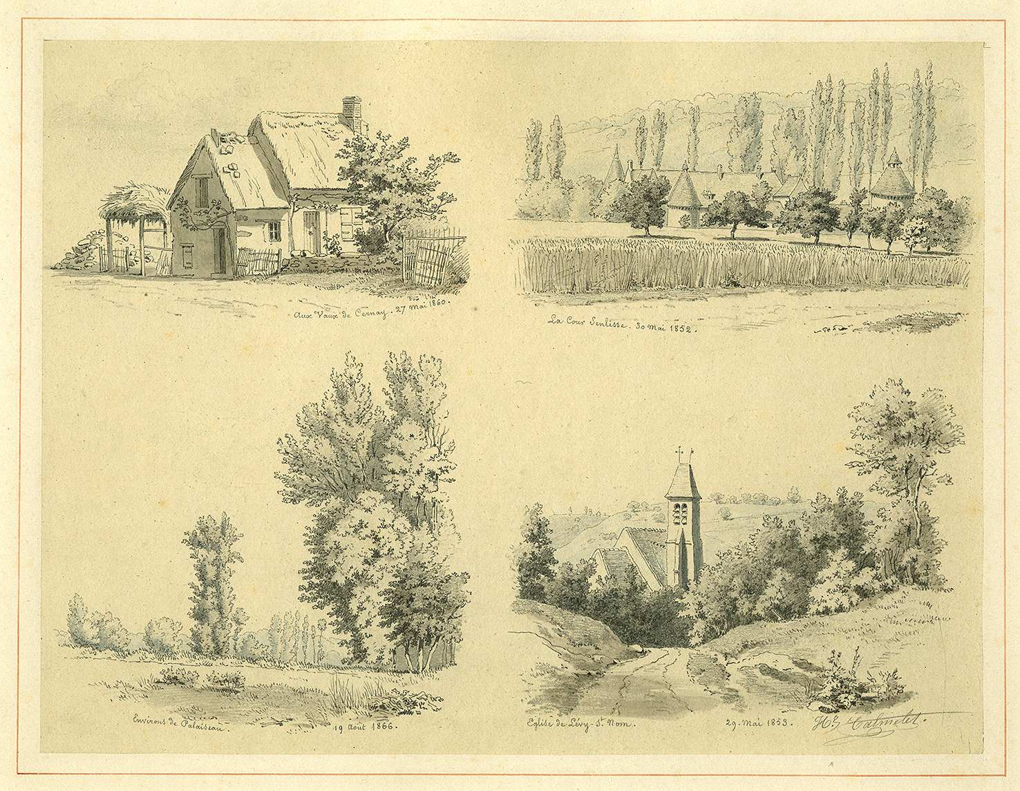 Aux Vaux de Cernay - 27 Mai 1860 (Inventaire) ; La cour Senlisse - 30 Mai 1852 (Inventaire) ; Environs de Palaiseau - 19 Août 1866 (Inventaire) ; Eglise de Lévy Saint-Nom - 29 Mai 1853 (Inventaire)