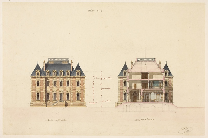 Projet pour la construction du château de Sceaux - Projet n°1 Face latérale - Coupe sur la largeur (Inventaire)