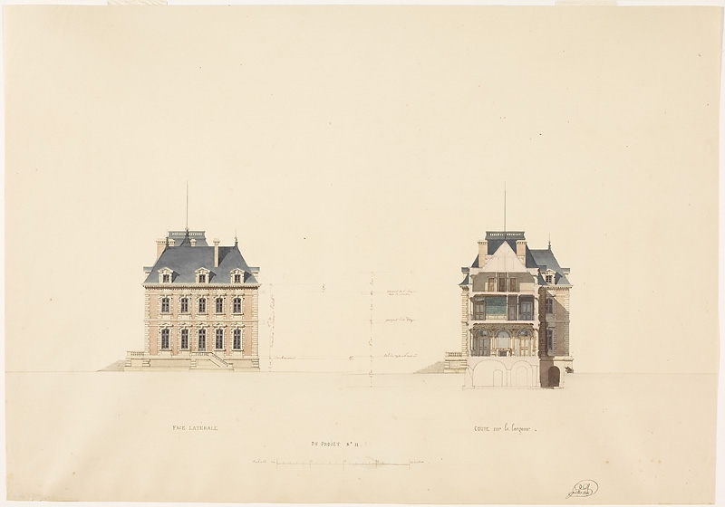 Projet n°II pour la construction du château de Sceaux - Face latérale et coupe sur la largeur (Titre forgé)
