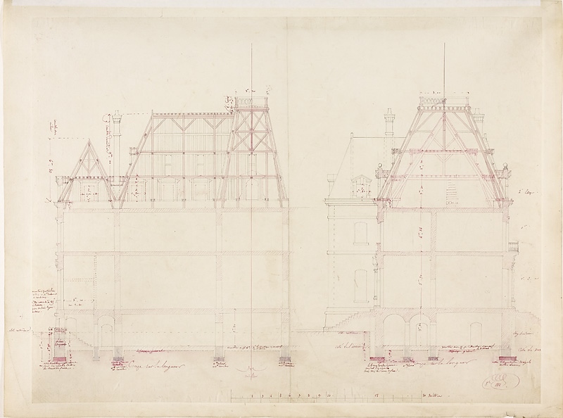 Projet pour la construction du château de Sceaux - Coupe sur la longueur et sur la largeur