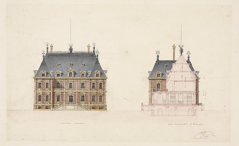 Projet N°3 pour le château de Sceaux - Elévation principale et coupe sur la profondeur du bâtiment