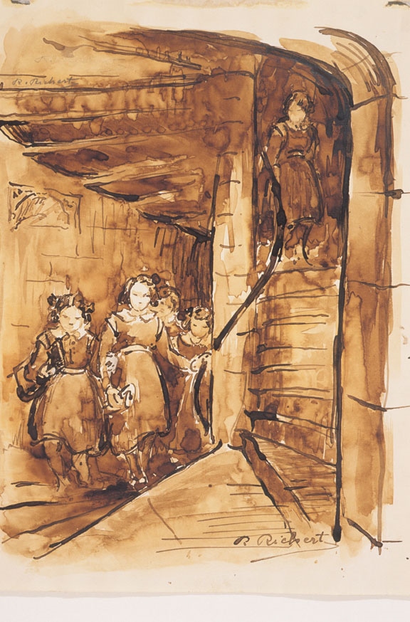Les élèves d'Ecouen dans un escalier (Inventaire) ; Quelques élèves de la Légion d'honneur dans un escalier du château d'Ecouen (Titre forgé)