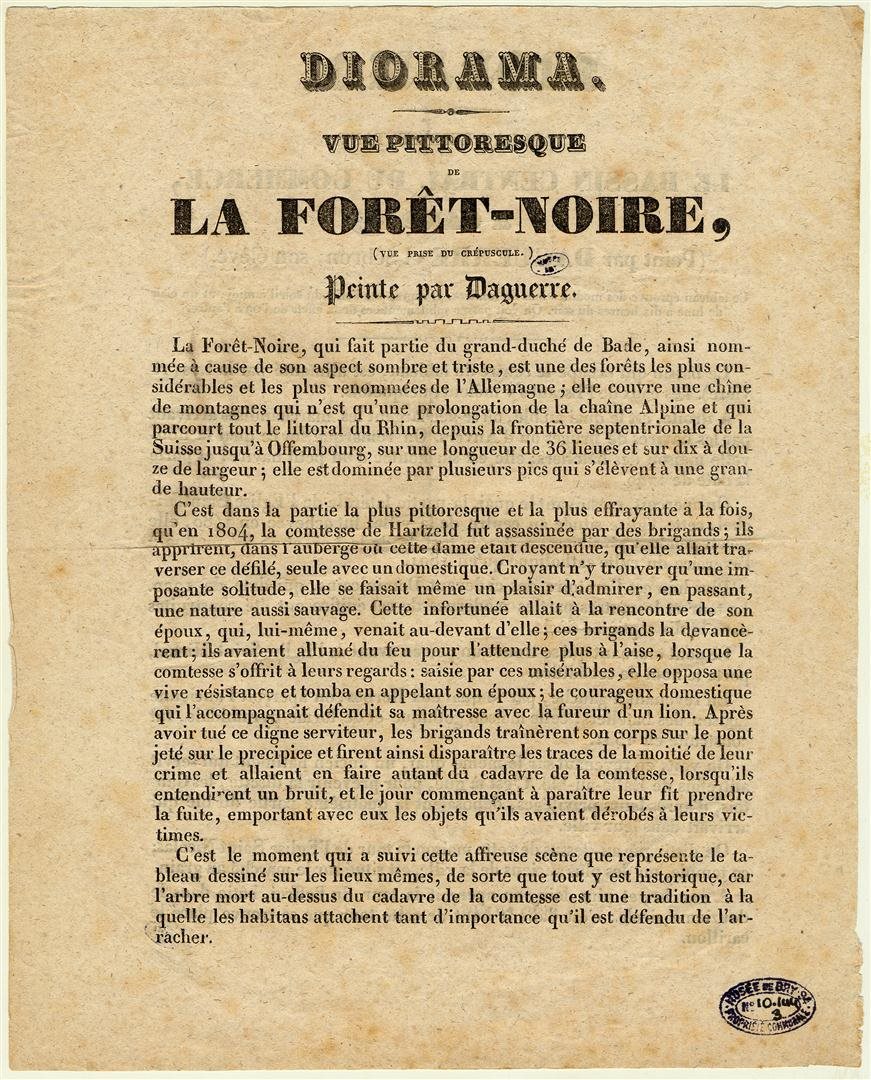 Diorama. Vue pittoresque de la Forêt-Noire (vue prise du crépuscule), peinte par Daguerre ; Diorama. Tableau représentant le bassin central du commerce, à Gand (peint par Daguerre et Sébron, son élève)