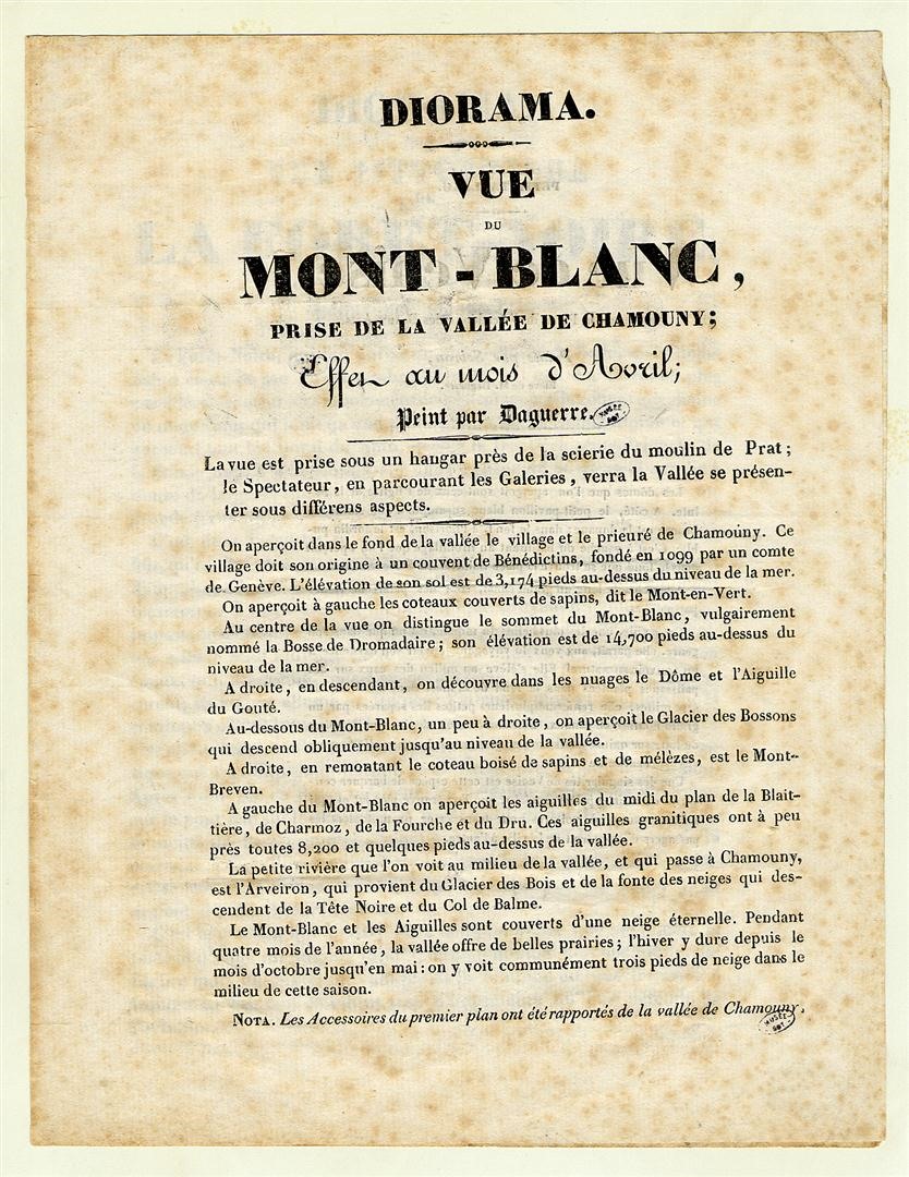 Diorama. Vue pittoresque de la Forêt-Noire (effet de lune et de crépuscule), peinte par Daguerre ; Diorama. Tableau représentant le tombeau de Napoléon à l'Ile Sainte-Hélène, effet au soleil couchant, dessiné d'après nature au mois de juin 1829, peint par Daguerre  ; Diorama. Vue du Mont Blanc, prise de la vallée de Chamouny ; effet au mois d'avril ; peint par Daguerre ; Petit tableau. Vue de Venise prise sur la place de l'Académie des Beaux-Arts