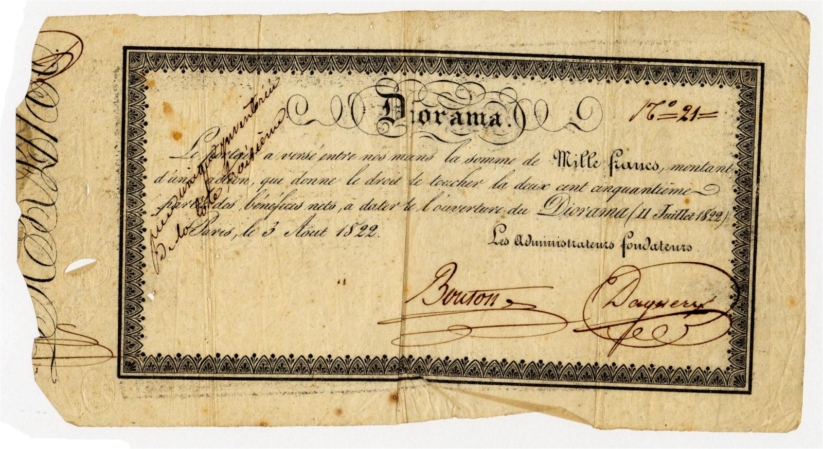 Action de la société d'exploitation du Diorama d'une valeur de 1 000 francs