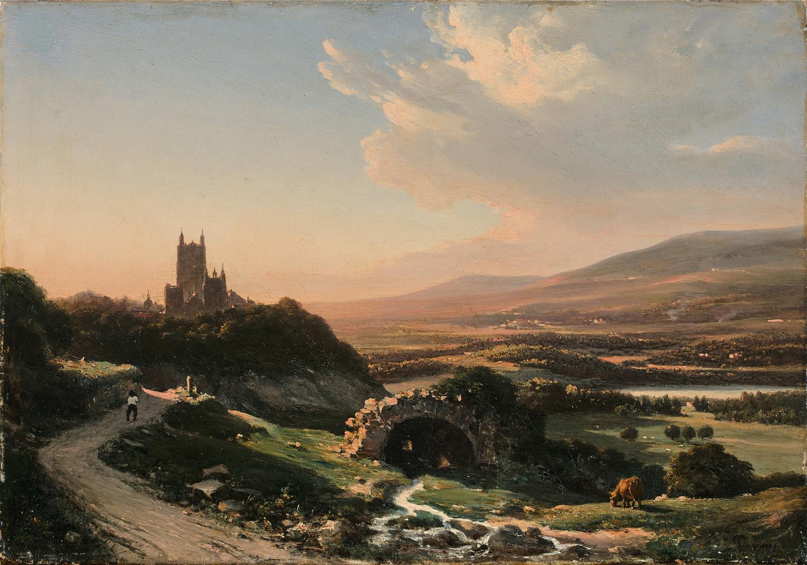 Effet de lumière sur une vallée surmontée d'un édifice gothique