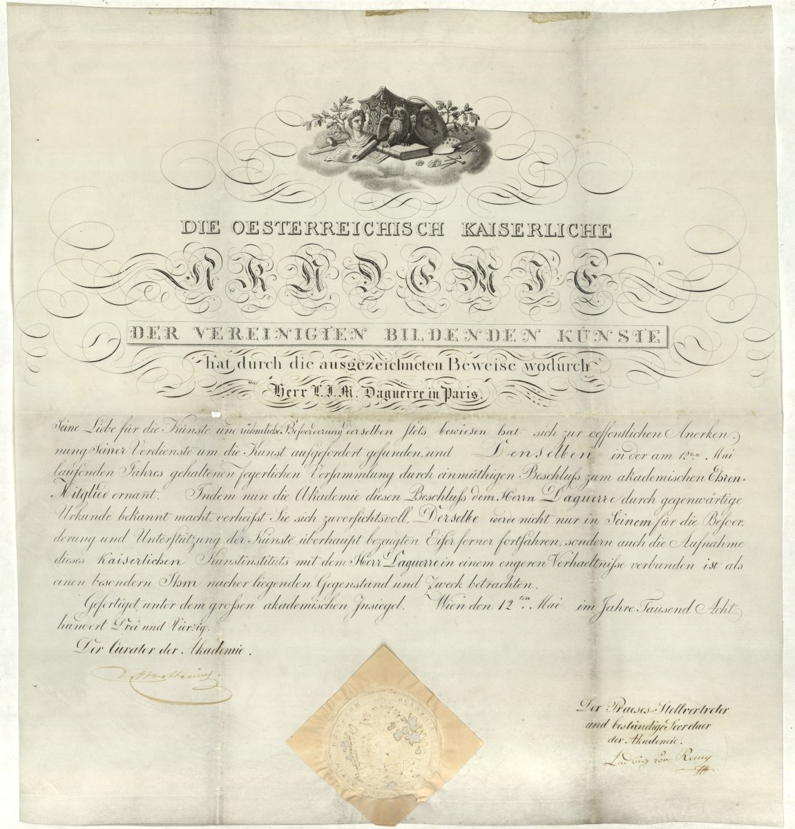 Diplôme de membre honoraire de l'Académie des beaux-arts de Vienne au nom de Louis Daguerre