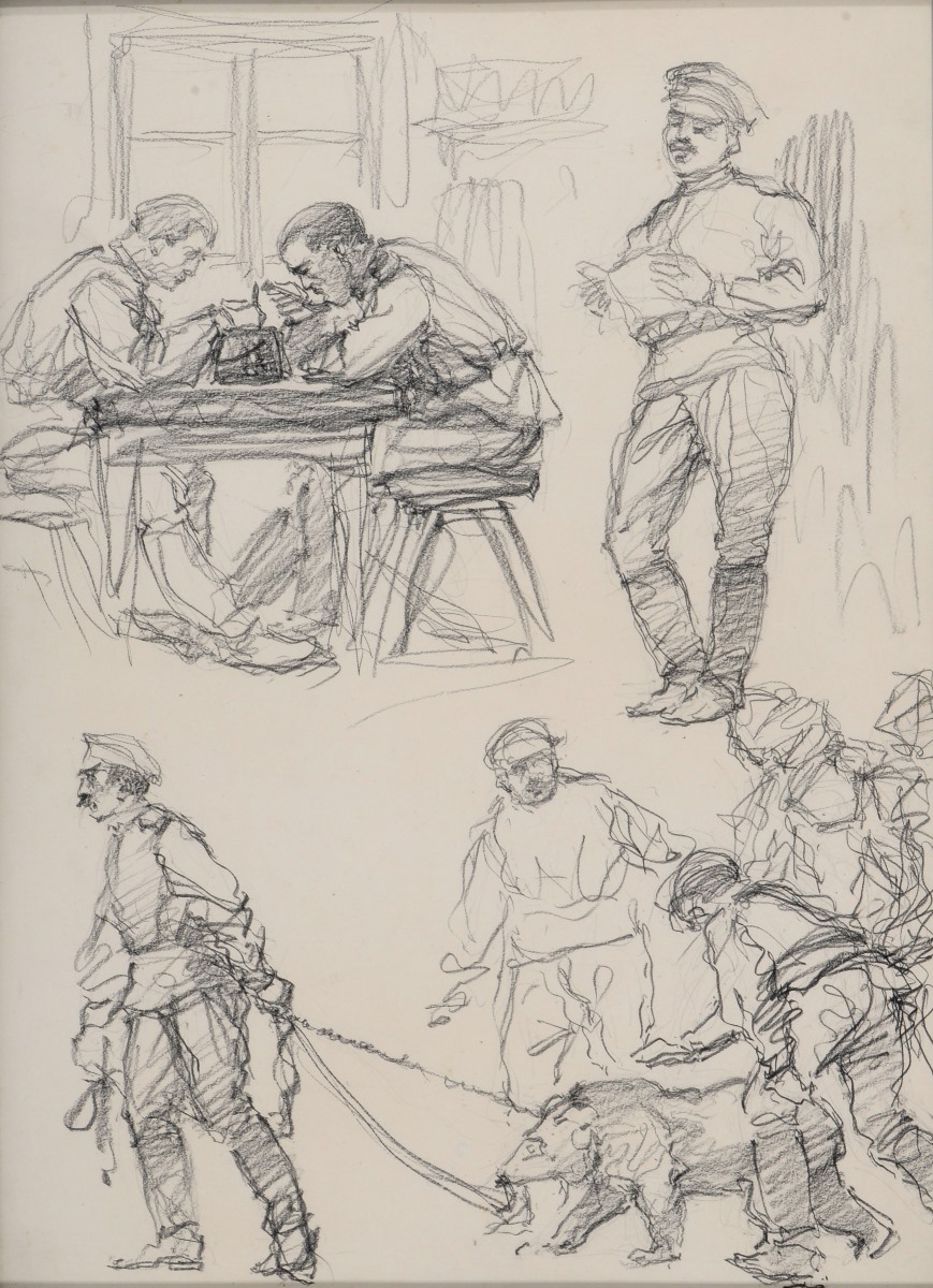 Soldats russes entourant l'ours Michka ; Soldat russe lisant un livre ; Soldat russe mangeant à table