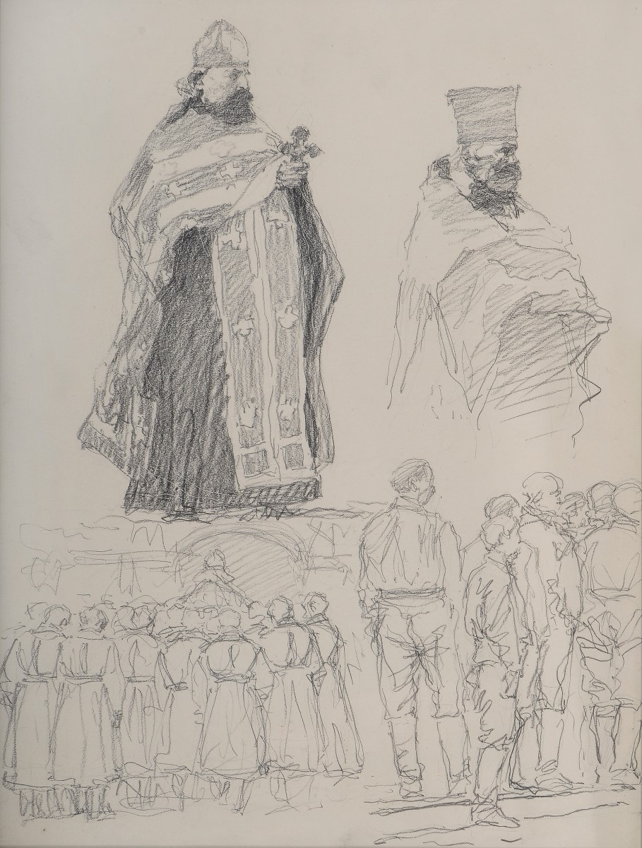 Portrait du père Okouneff ; Soldats russes assistant à une cérémonie religieuse