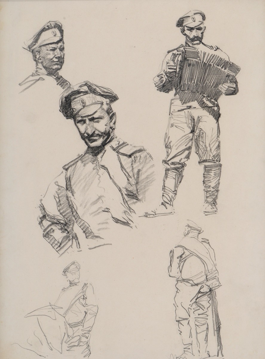 Soldat russe jouant de l'accordéon ; Portraits de soldats russes