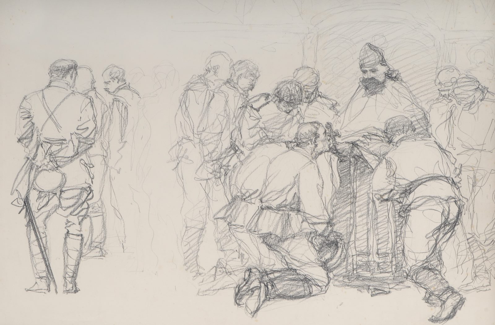 Soldats russes embrassant une croix tenue par le père Okouneff ; Soldats russes assistant à une cérémonie religieuse