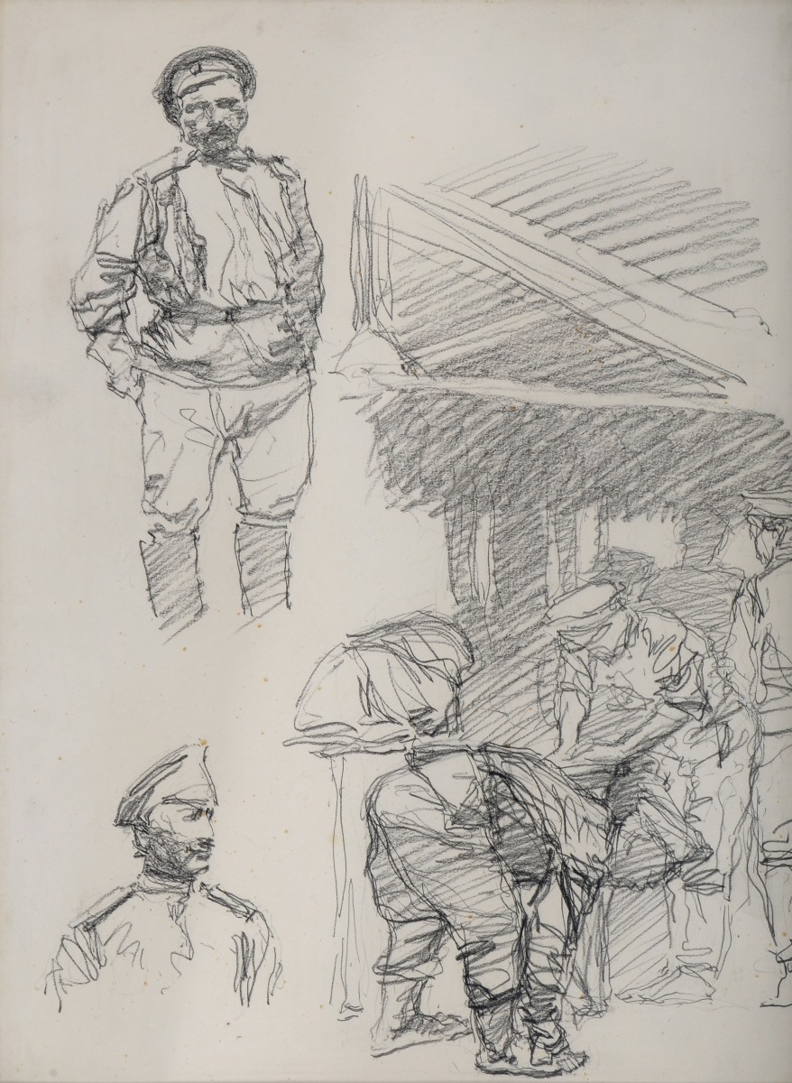 Soldats russes nettoyant leur uniforme ; Portraits de soldats russes