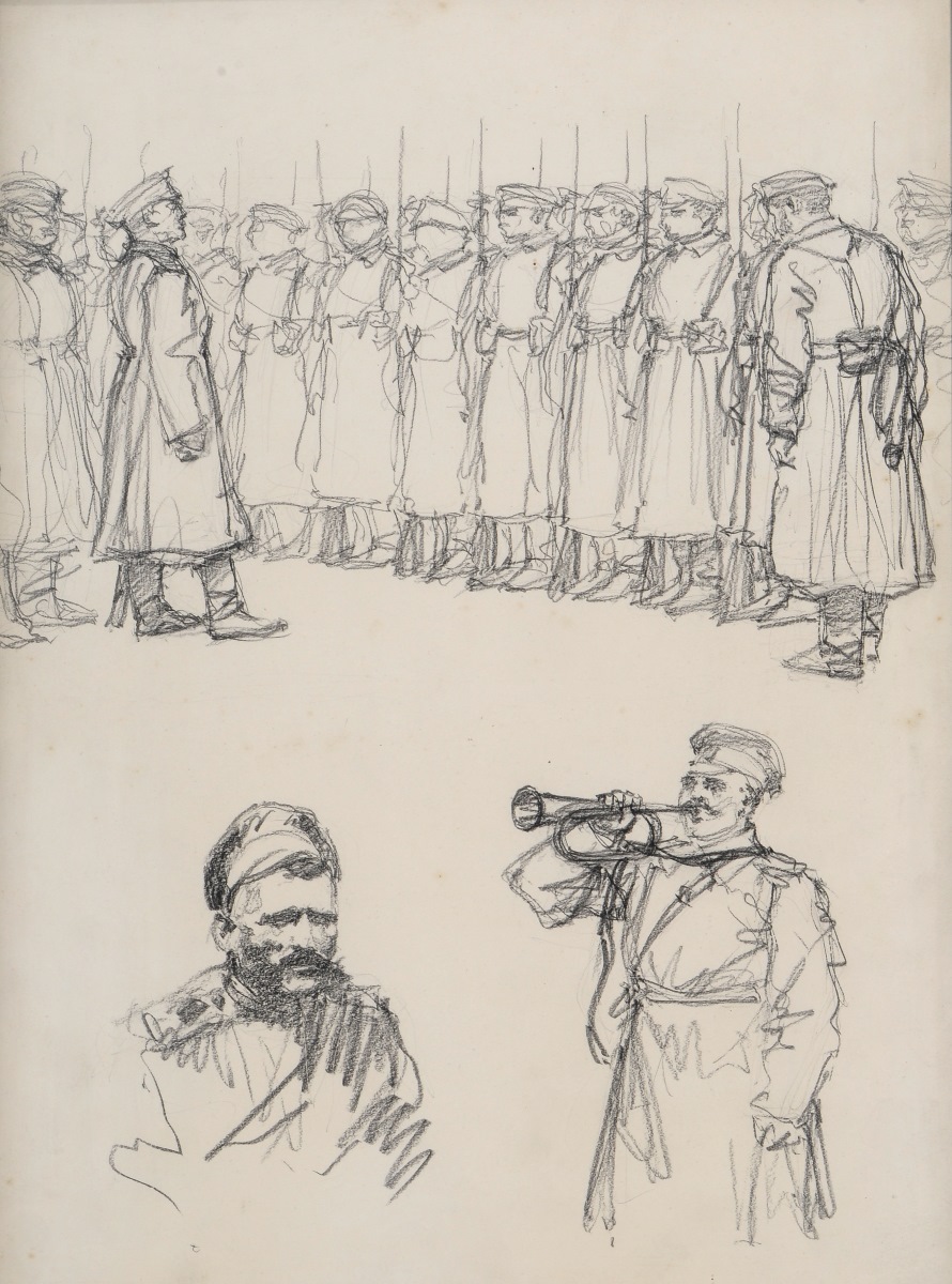 Soldats russes passés en revue par un officier ; Portrait d'un soldat russe ; Soldat russe jouant du clairon
