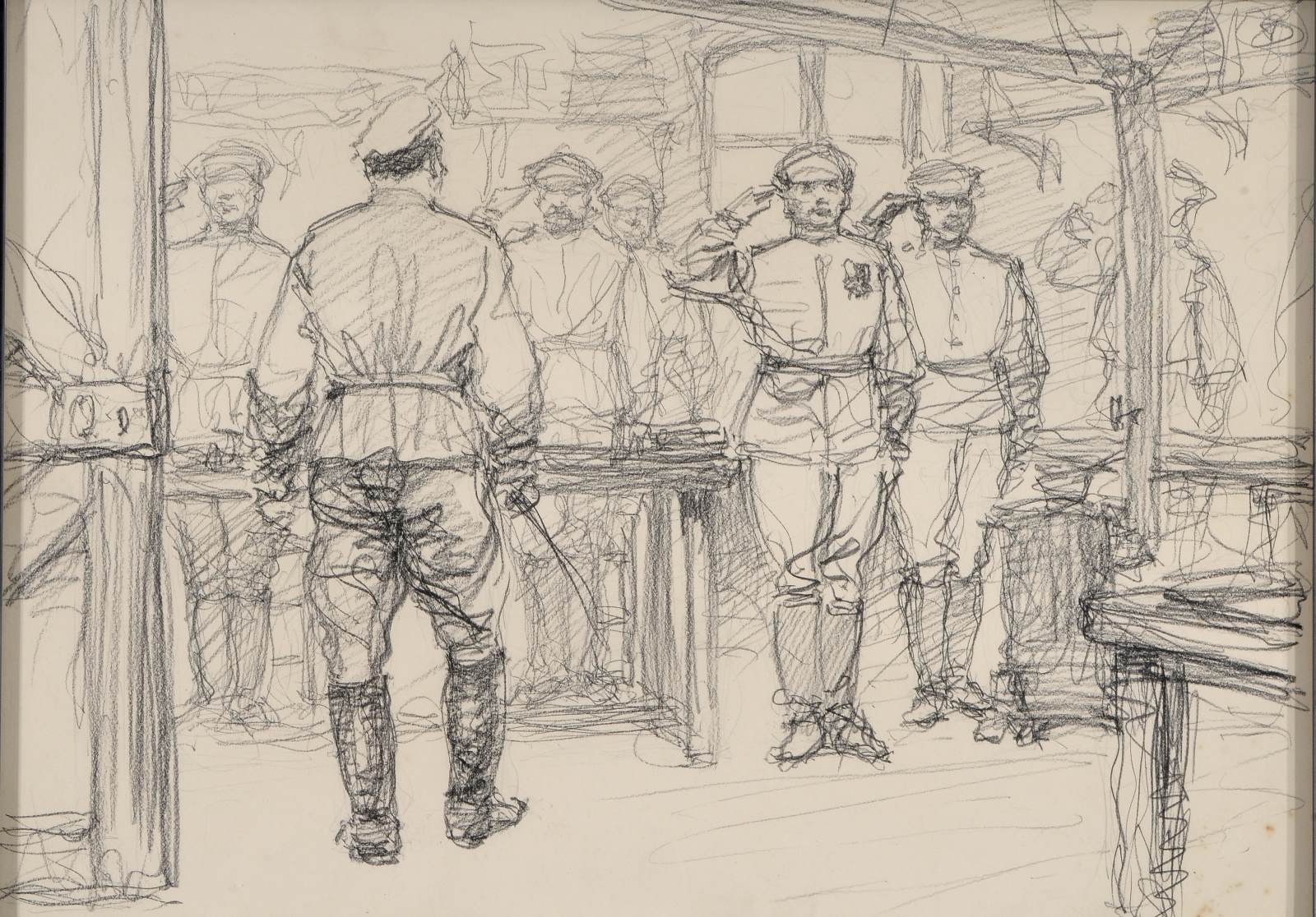 Inspection d'une baraque par un officier