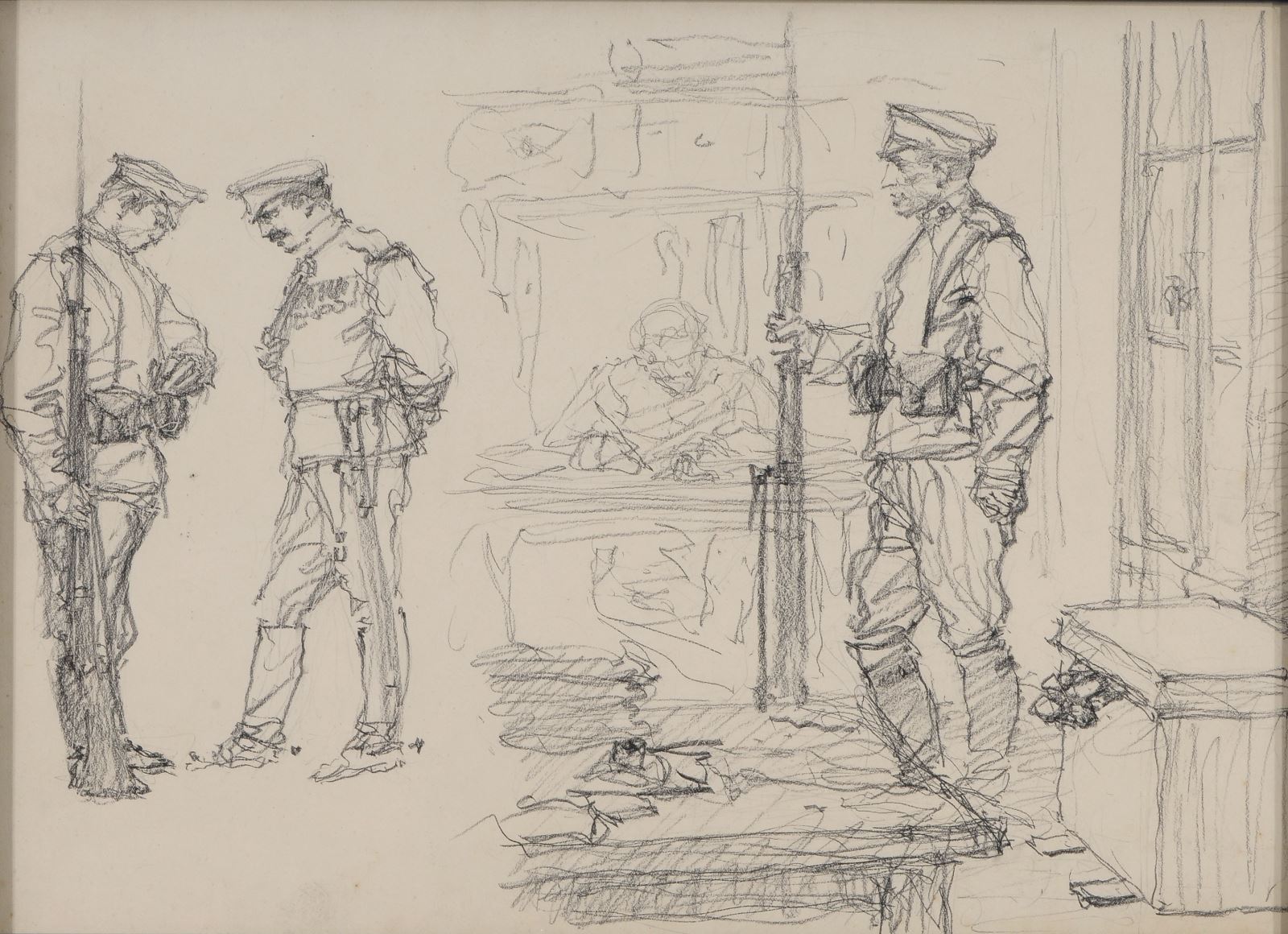 Inspection de la tenue d'un soldat par un officier ; Soldat russe dans une baraque