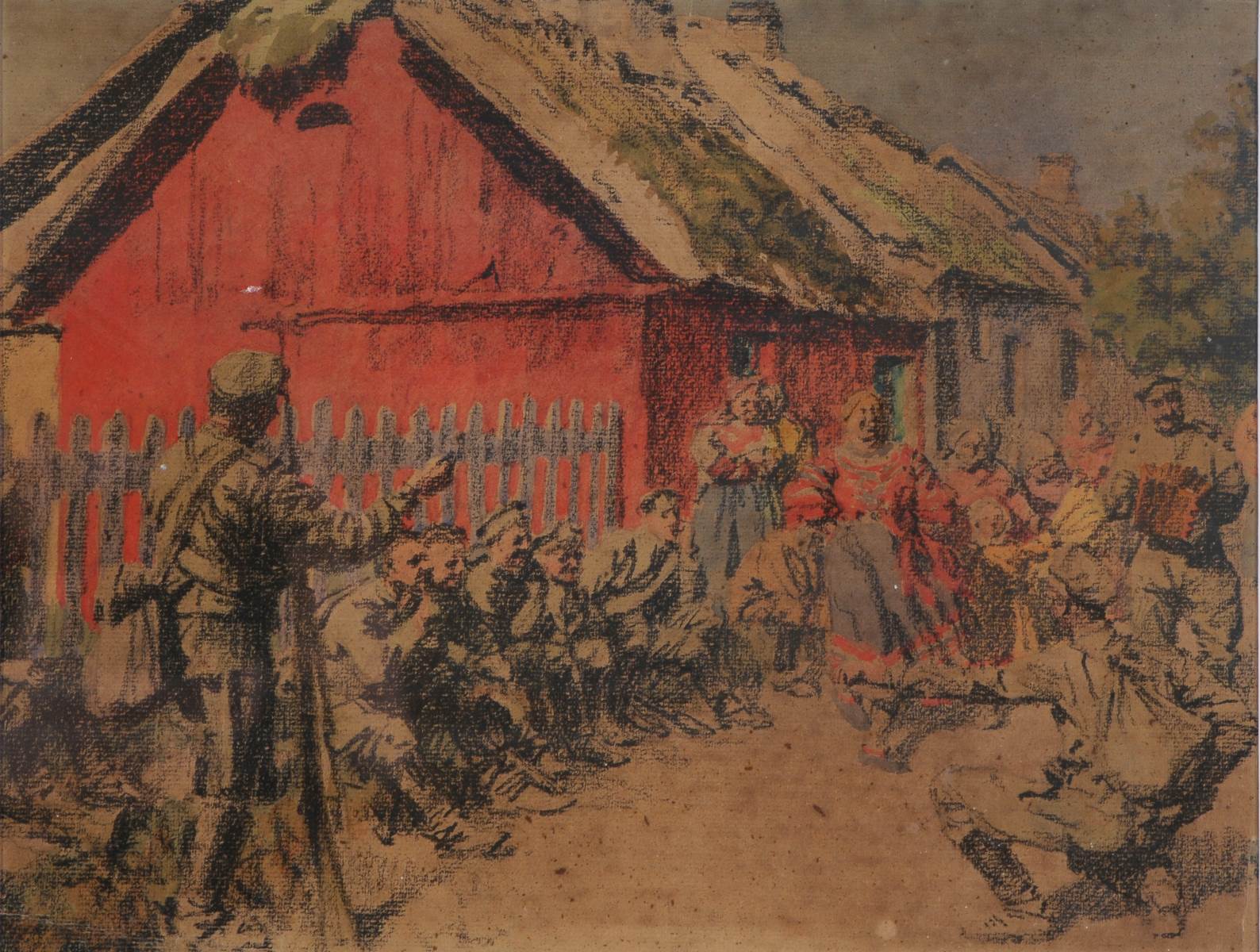 Soldat russe dansant devant un groupe de soldats et de femmes