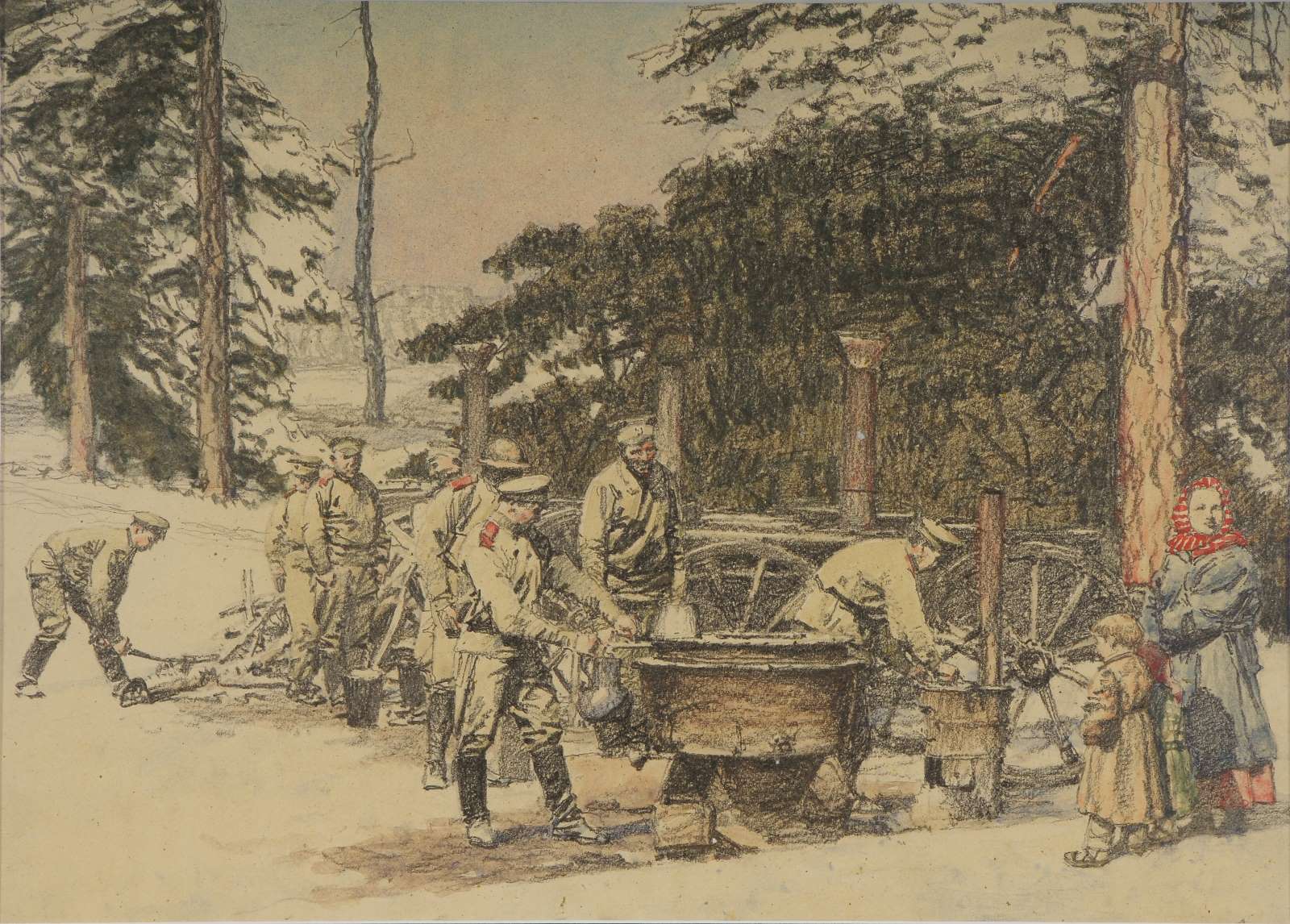 Soldats russes préparant le repas dans une cuisine roulante