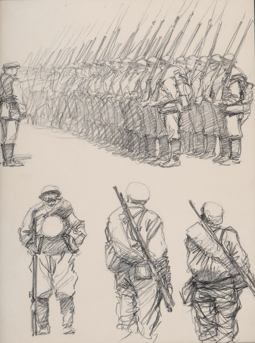 Soldats russes passés en revue par un officier