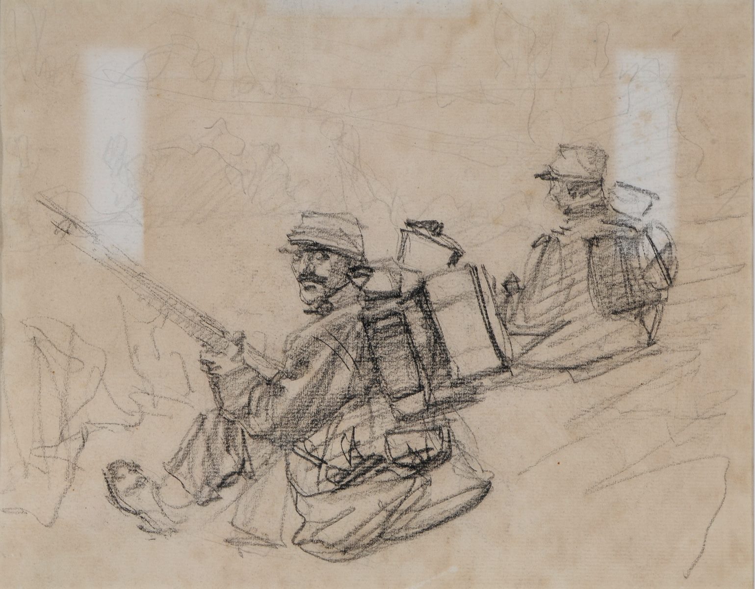 Soldats français assis vus de dos